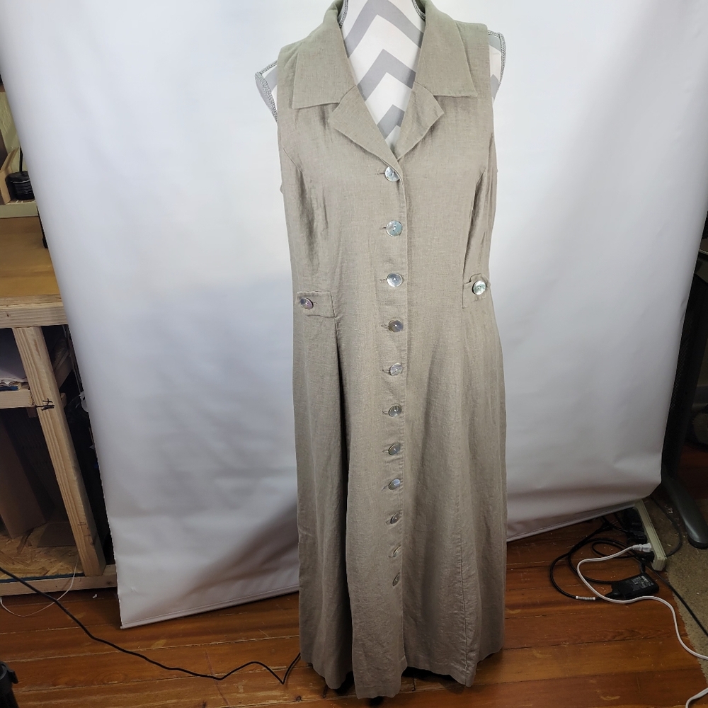 Virgo Linen Rayon Blend Sleeveless Maxi Shirt Dress Size 14 Cutout Back